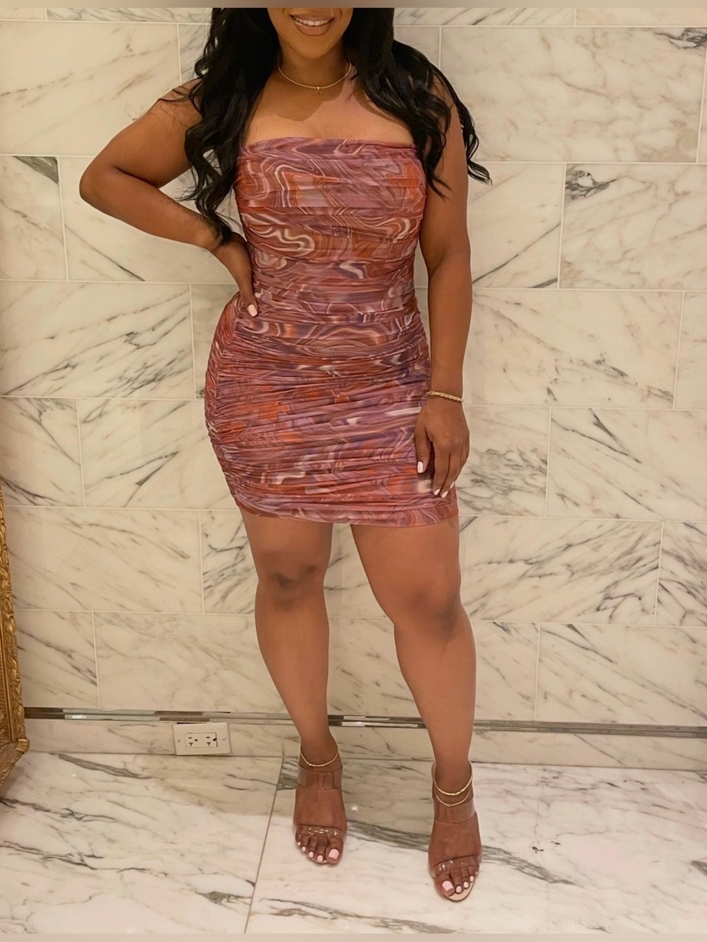 House of CB Purple Marble Ruched Mini Dress